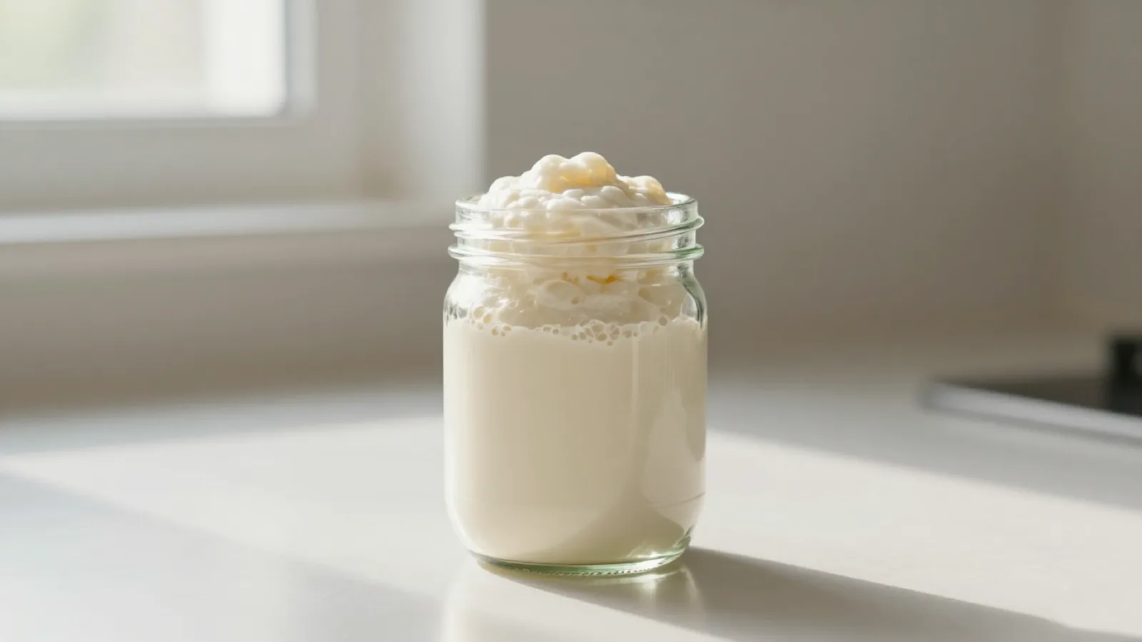 A glass jar of bubbly, risen sourdough starter with a domed top, photographed against a pale kitchen counter