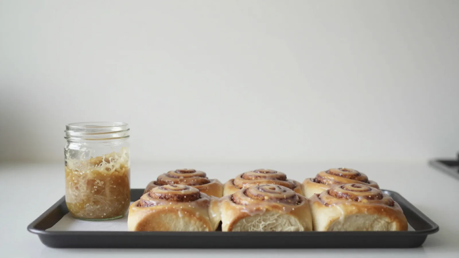 A tray of cinnamon rolls with visible swirls, glazed and still warm, beside a jar of sourdough discard