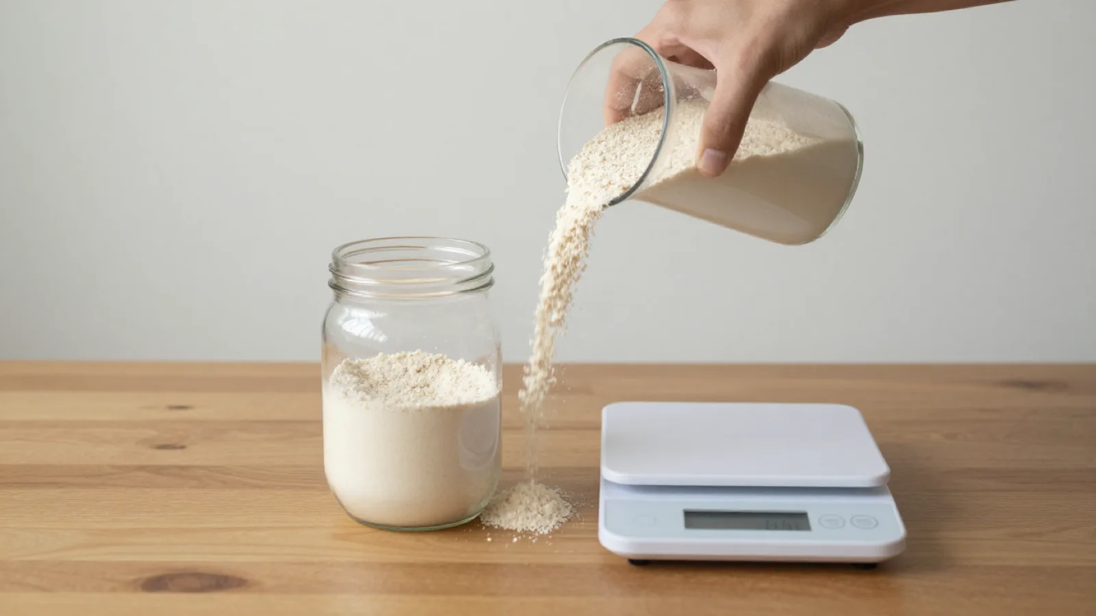 A hand pouring flour from a glass measure into a jar on a wooden table, beside a white digital kitchen scale