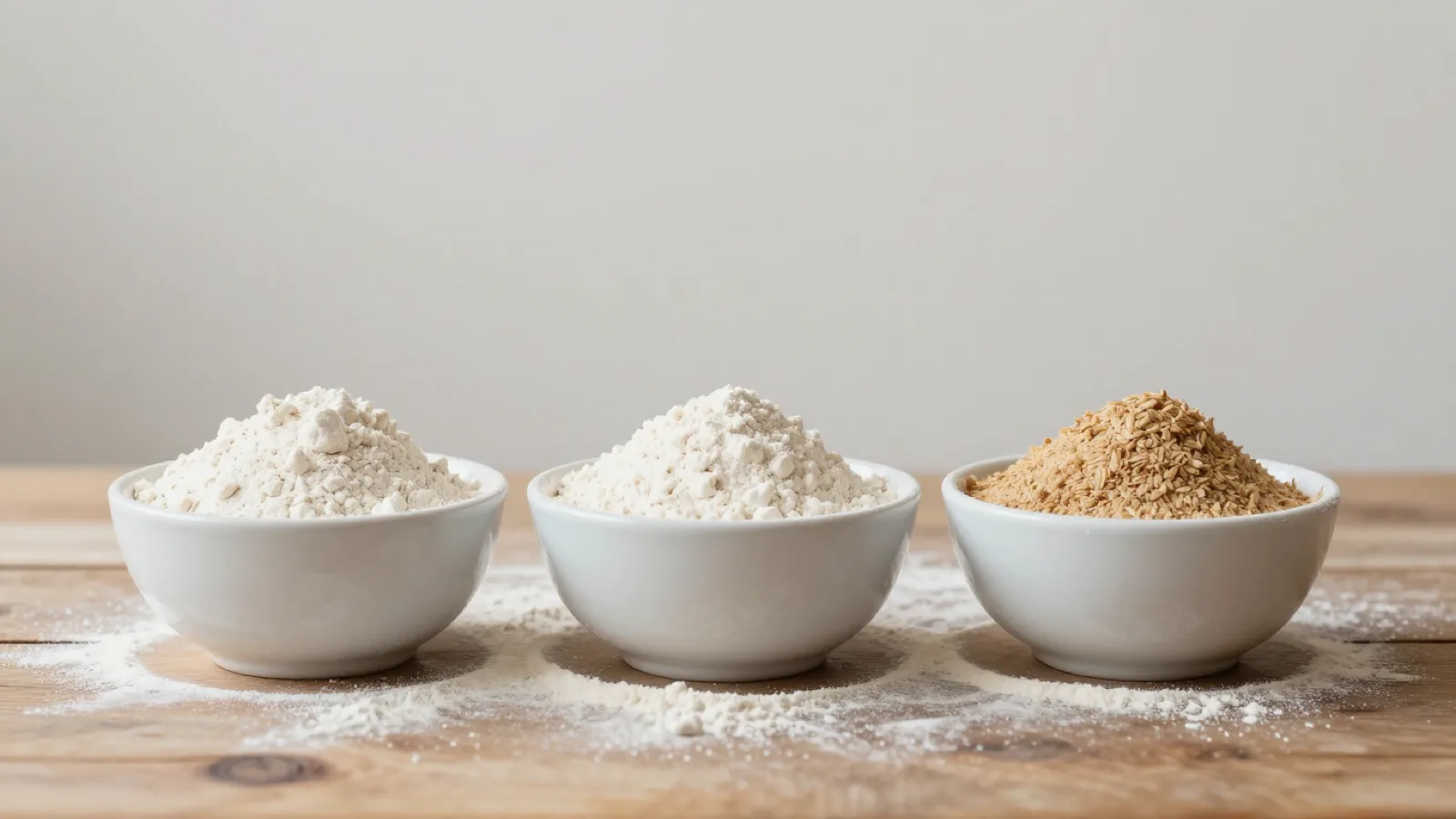 Three white bowls on a floured wooden table holding two pale flours and one coarser tan wholegrain flour